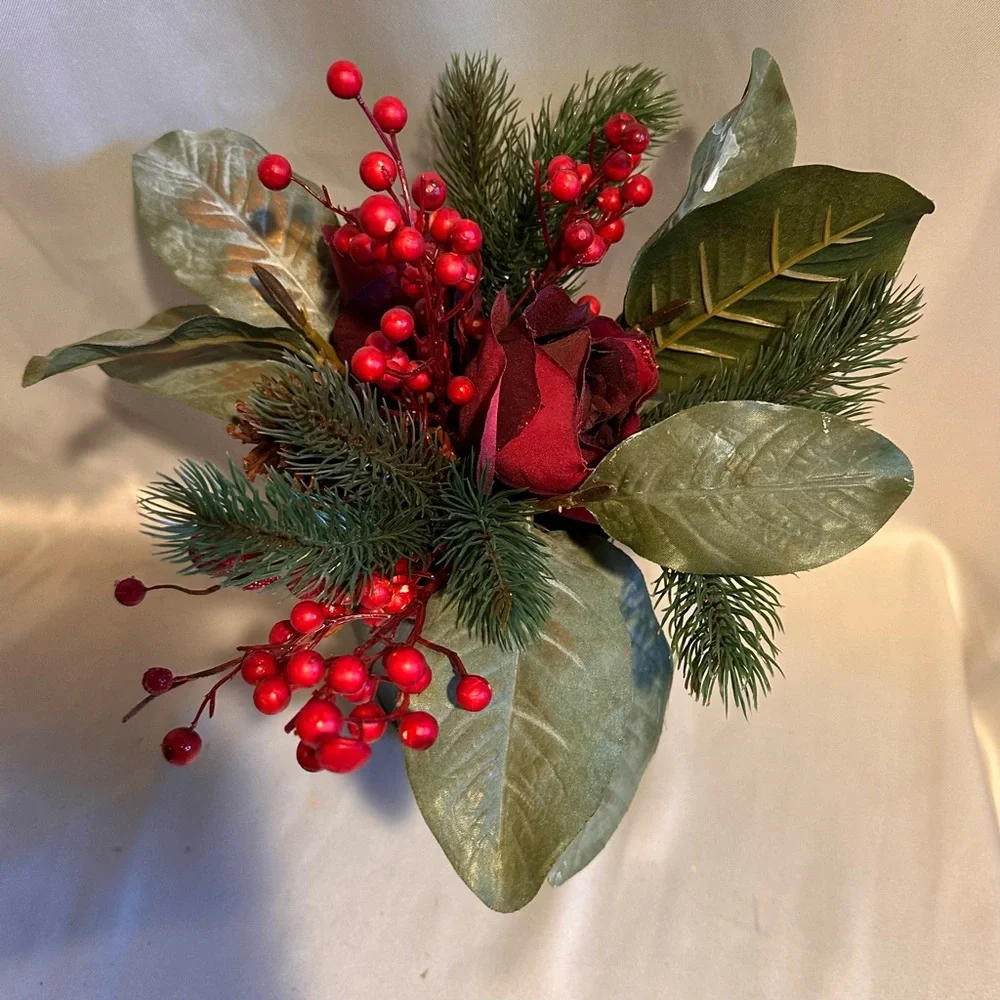 Festive Green and Red Silk Winter Arrangement Roses Berries Pine in Metal Pot
